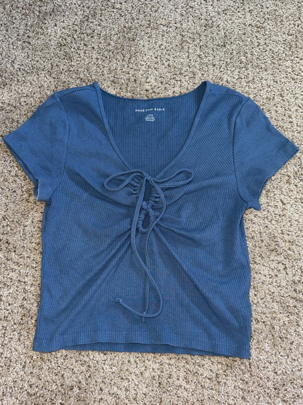 American Eagle Outfitters Denim Blue Ribbed Lace-Up Crop Top